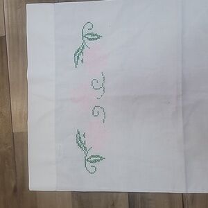 Vintage cross stitch pillowcase white with pink green embroidery made in USA